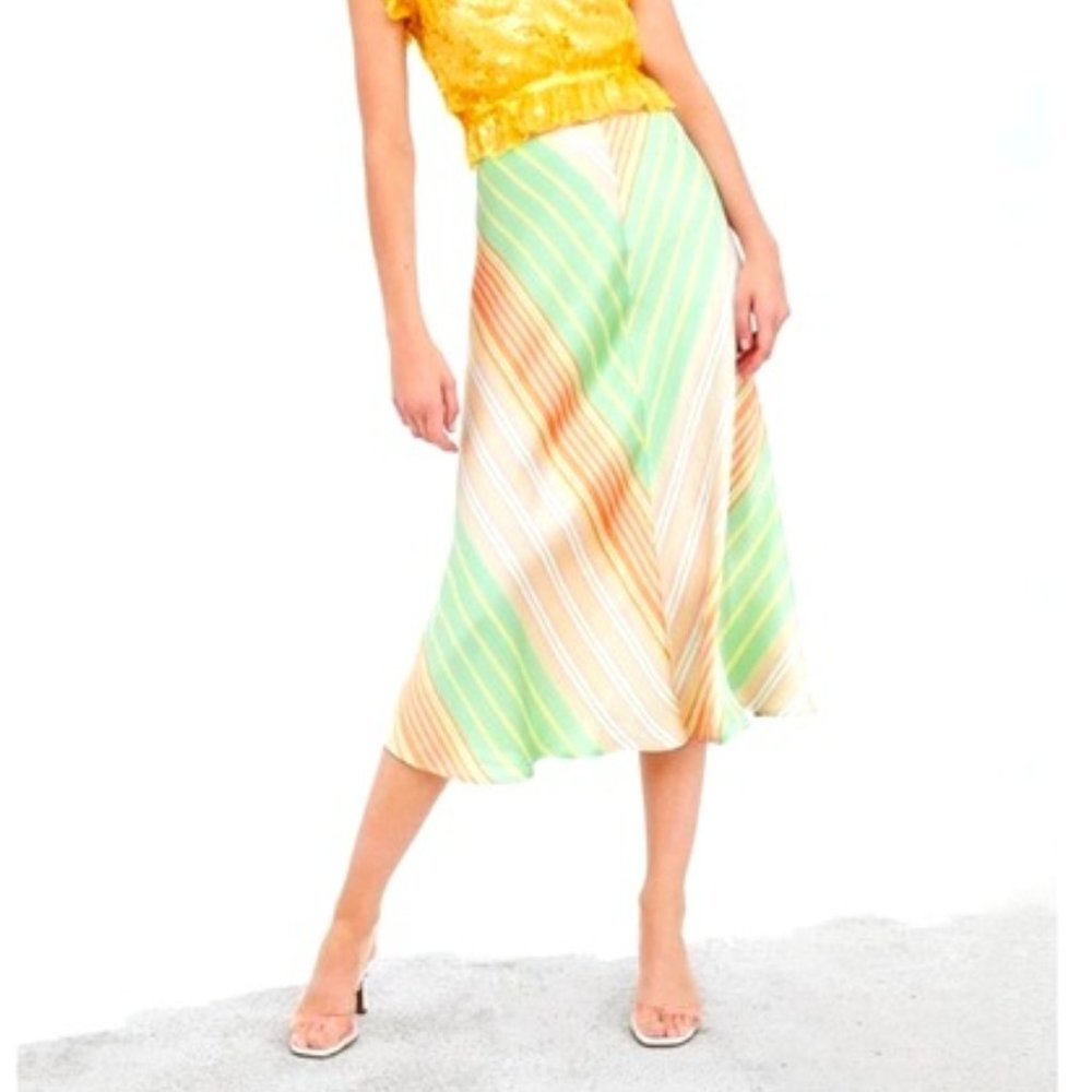 Striped, Satin Effect Midi Skirt